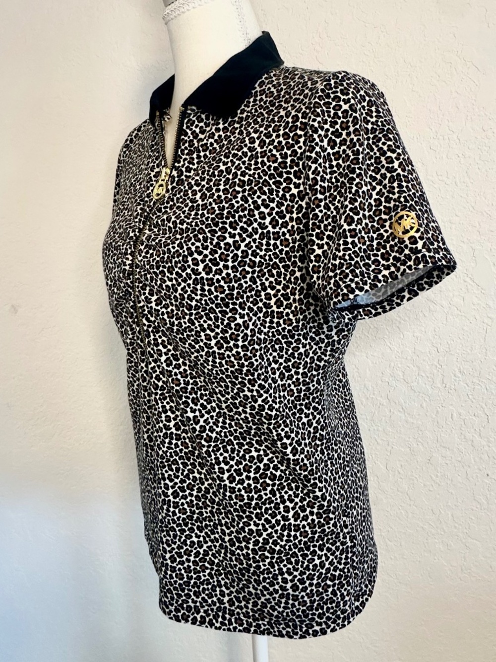 Michael Kors Woman's Leopard Print Zip Front Polo Shirt, Size M - Picture 3 of 10
